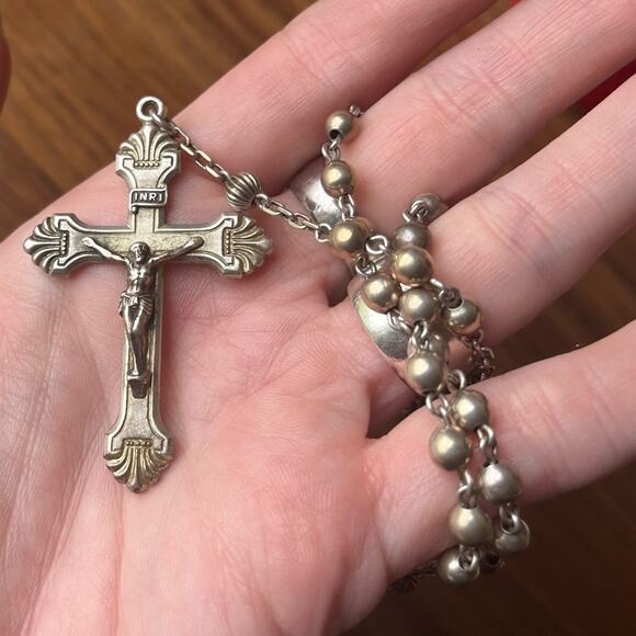 Vintage 1960s Hill Mark 925 STERLING Silver Rosary Bead Necklace Crucifix - Picture 9 of 16